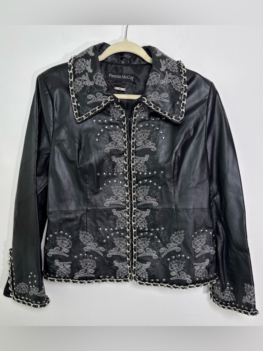 Pamela McCoy Black Leather Jacket Silver Tone Chain Trim Women’s Size Large